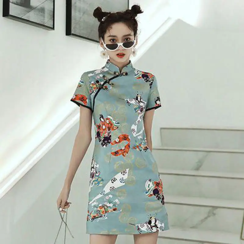 Милые Молодые девушки, Повседневное платье с цветочным принтом, сексуальное Тонкое Мини-Ципао, женское праздничное платье в китайском стиле, традиционный ретро Чонсам 1