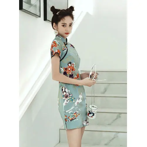 Милые Молодые девушки, Повседневное платье с цветочным принтом, сексуальное Тонкое Мини-Ципао, женское праздничное платье в китайском стиле, традиционный ретро Чонсам 2