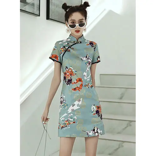 Милые Молодые девушки, Повседневное платье с цветочным принтом, сексуальное Тонкое Мини-Ципао, женское праздничное платье в китайском стиле, традиционный ретро Чонсам 5