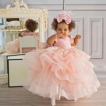 Розовое милое платье для маленьких девочек с кружевным пышным бантом Принцесса Свадебное представление Детская одежда Подарок Первое Причастие День Рождения