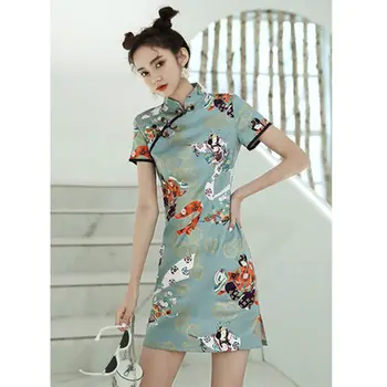 Милые Молодые девушки, Повседневное платье с цветочным принтом, сексуальное Тонкое Мини-Ципао, женское праздничное платье в китайском стиле, традиционный ретро Чонсам