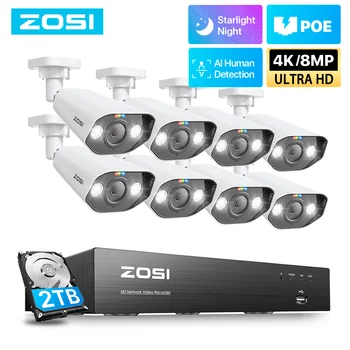 ZOSI 8MP 5MP POE Система камер безопасности 8-канальный комплект 4K NVR Двухсторонняя аудио IP-камера наружного видеонаблюдения с обнаружением человека