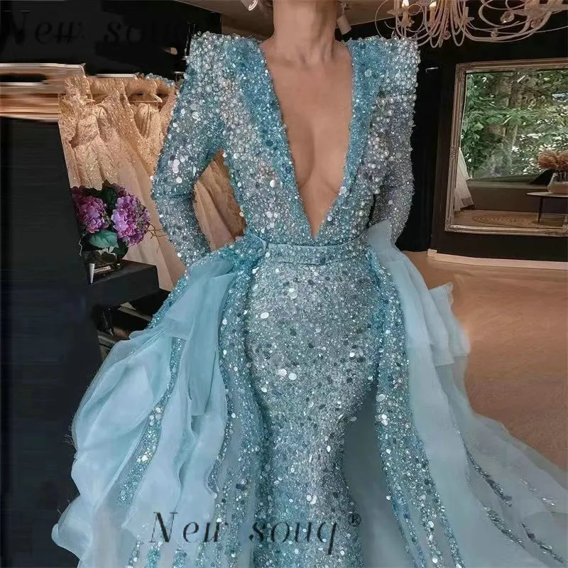 Синие сексуальные вечерние платья с глубоким V-образным вырезом и длинными рукавами, украшенные блестками, со съемным шлейфом, юбки для выпускного вечера 2023 0