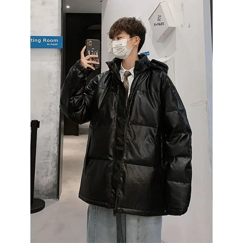 Зимние пуховики, мужские новые модные кожаные куртки в гонконгском стиле, утолщенная теплая студенческая бархатная толстая Свободная мужская одежда 2