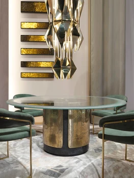 Сочетание светлого роскошного современного мраморного обеденного стола и стула, Круглый Большой семейный обеденный стол с поворотным кругом