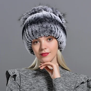 Меховые шапки для женщин, зимняя шапка из настоящего кролика Рекс, вязаная из лисьего меха, женские теплые снежные шапки, женские элегантные шапочки принцессы