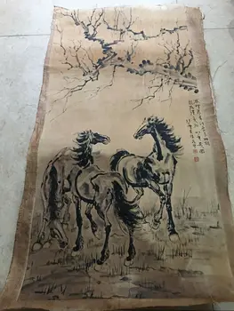 Китайский Старый свиток Сюй Бэйхун - Тень дерева, Рисующие трех лошадей