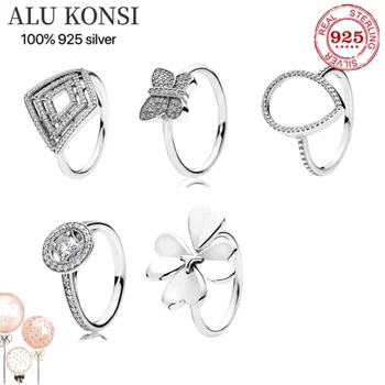 Подходит Оригинальное кольцо из настоящего 100% стерлингового серебра 925 пробы для женщин, обручальные кольца с бабочкой и цветком, роскошные украшения 