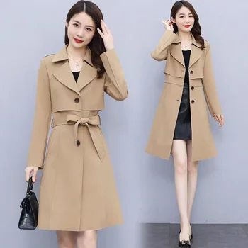 Весенне-осенний тренч Для женщин 2023, Новая мода, Корейское однобортное женское пальто средней длины, Ветровка, женская верхняя одежда 3XL
