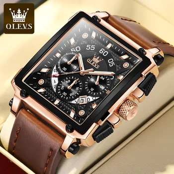 OLEVS, мужские кварцевые часы лидирующего бренда, роскошные квадратные спортивные часы, Модный кожаный ремешок, водонепроницаемые часы серии Chronograph, часы