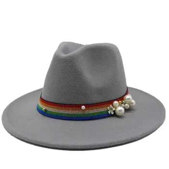 Женские фетровые шляпы с костяным помпоном, Панама, шляпа с жемчужной лентой, модная шляпа, женская шляпа, джазовая кепка с широкими полями