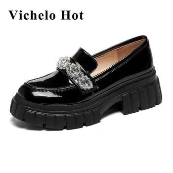 Vichelo/ Горячая коровья лакированная кожа, яркие туфли на высоком каблуке с круглым носком в европейском стиле, женская повседневная одежда, дышащие уютные женские туфли-лодочки L36