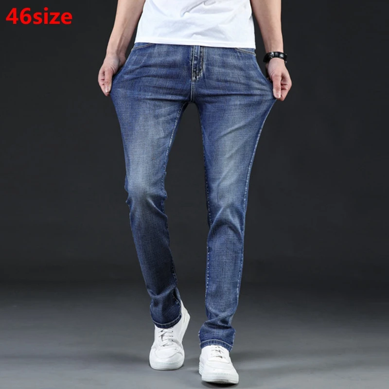 Летние новые тонкие мужские джинсы, летние стрейчевые облегающие светло-голубые прямые джинсы большого размера со средней посадкой 46 0