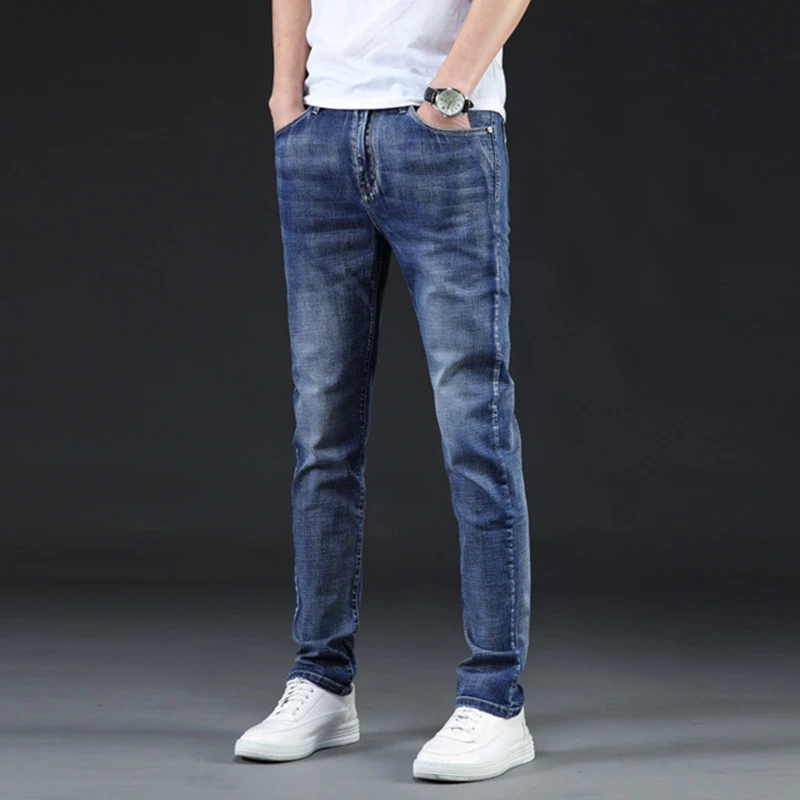 Летние новые тонкие мужские джинсы, летние стрейчевые облегающие светло-голубые прямые джинсы большого размера со средней посадкой 46 2