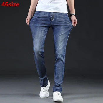 Летние новые тонкие мужские джинсы, летние стрейчевые облегающие светло-голубые прямые джинсы большого размера со средней посадкой 46