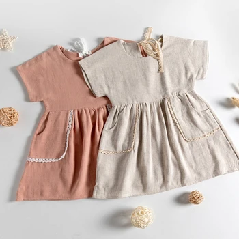Хлопковое и льняное кружевное платье с карманами для девочек, новое летнее стильное детское однотонное повседневное платье с короткими рукавами WT004