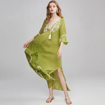 Зеленые платья-туники TEELYNN, женские платья, винтажная цветочная вышивка, v-образный вырез, расклешенный рукав, летнее платье с кисточками, пляжные платья макси