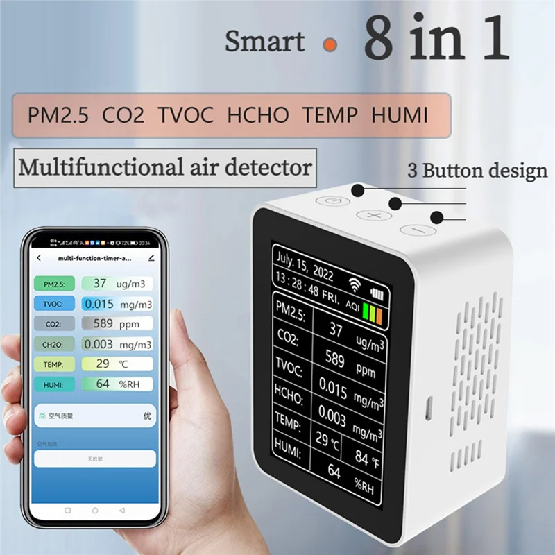 8 в 1 Измеритель CO2 Цифровой Тестер Температуры и влажности Углекислого газа PM2.5 Детектор TVOC HCHO WiFi Монитор качества воздуха (Белый) 4