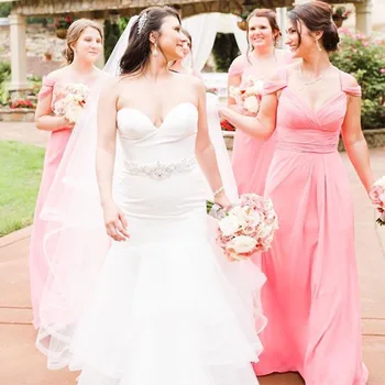 Шифоновые платья подружек невесты с открытыми плечами, бретельки-спагетти, складки, платья подружек невесты во всю длину для гостей свадьбы