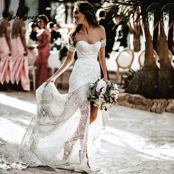 Сексуальное Бохо-пляжное Мягкое Белое кружевное свадебное платье Русалки, длинное свадебное платье в стиле милой невесты, гавайское платье невесты, летнее праздничное платье