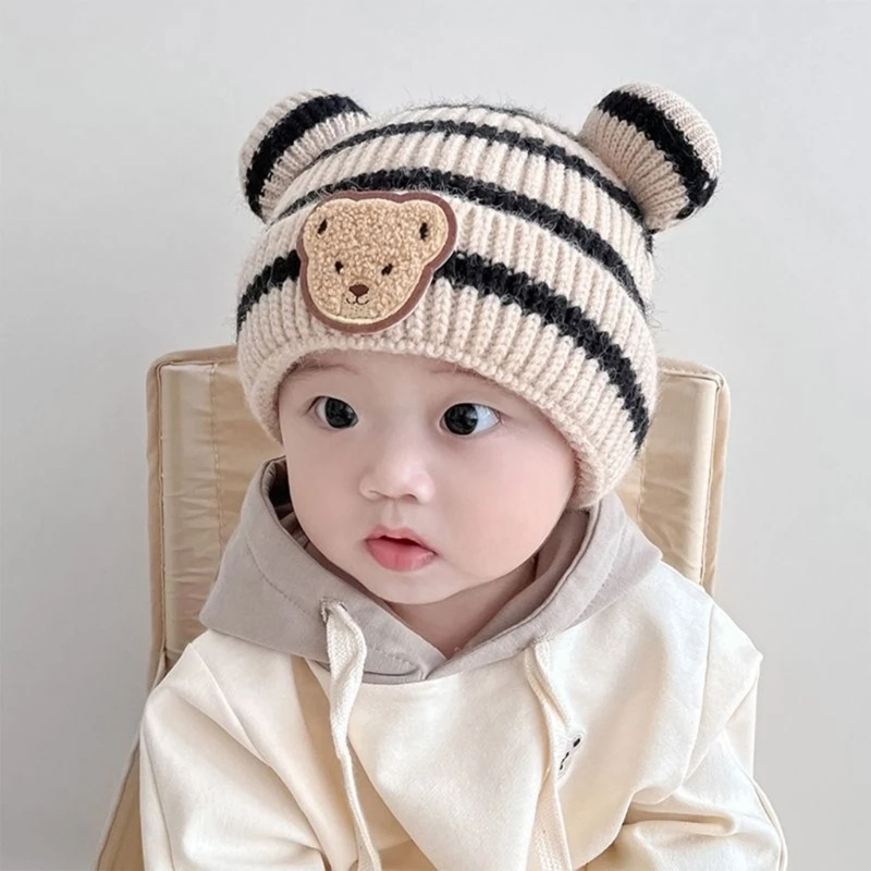 Модная полосатая вязаная шапка с ушками, детская зимняя теплая шапочка, детская вязаная шапка-бини для мальчиков и девочек 1