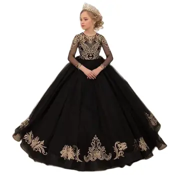 Glod Кружевное Черное Элегантное свадебное платье с цветочным узором для девочек, платья принцессы для первого причастия с рукавом 3/4, детские платья для танцевальной вечеринки