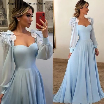 Элегантные Светло-Небесно-голубые вечерние платья 2021 года с пышными длинными рукавами, 3D цветами и перьями, платья для выпускного вечера трапециевидной формы, вечернее платье для вечеринки