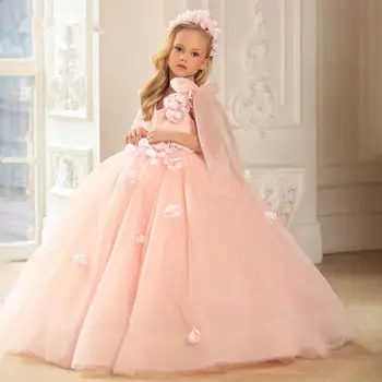 Новые платья принцессы с цветочным узором для девочек Трапециевидной формы, V-образный вырез, аппликация в пол, Тюлевое платье для девочек, День рождения, Рождество