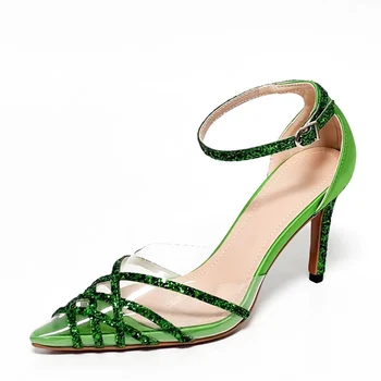 Размер 35-42, женские туфли-лодочки с зеленым блестящим ремешком на щиколотке, Пикантные Свадебные туфли на высоком каблуке с острым носком из ПВХ, Летние туфли для выпускного вечера для вечеринок