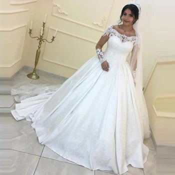 Блестящее атласное кружевное свадебное платье, бальное платье, современные свадебные платья больших размеров, свадебные платья с длинным рукавом и вырезом лодочкой
