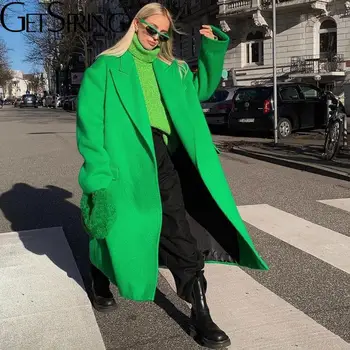 Женское шерстяное пальто GetSpring Темпераментная Зеленая шерстяная куртка Оверсайз, универсальное свободное Длинное пальто, Шикарная новинка осени 2022 года