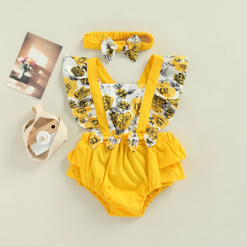FOCUSNORM Комбинезон для новорожденных девочек Летняя одежда 0-18 м с оборками на рукавах Цветы Лоскутные комбинезоны Одежда 1