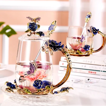 Эмалированная чайная чашка с цветами, Китайская Хрустальная пивная кружка, Креативный тренд для дома, Европейская Легкая Роскошная кофейная кружка с ручкой и крышкой на подносе