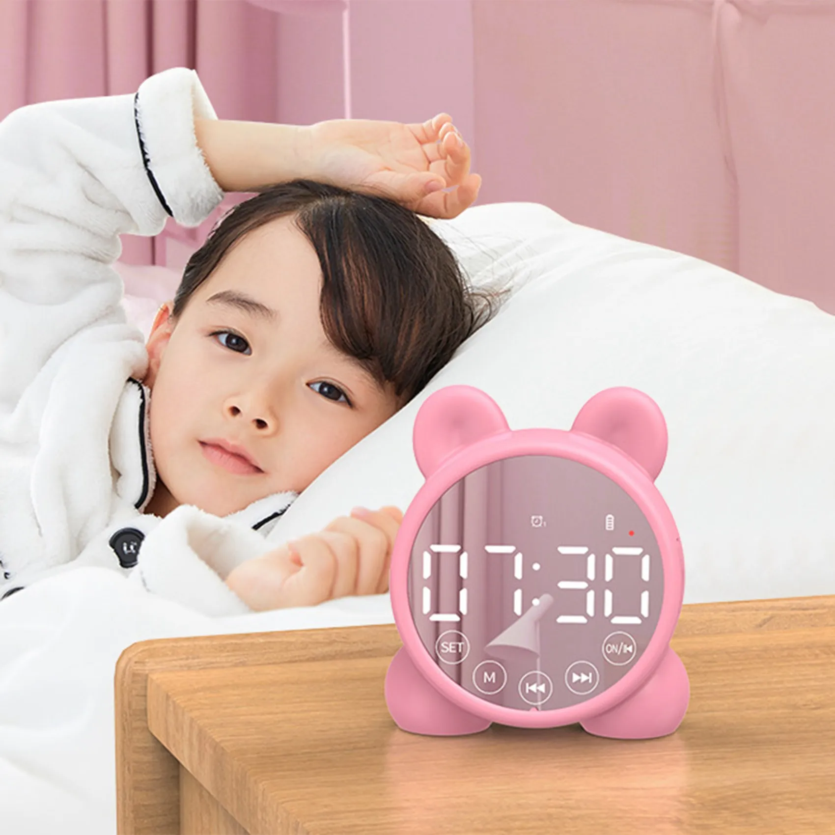 Детский будильник с Bluetooth-динамиком, прикроватный будильник, зеркало, Цифровой таймер пробуждения, детский тренажер для сна, розовый 2
