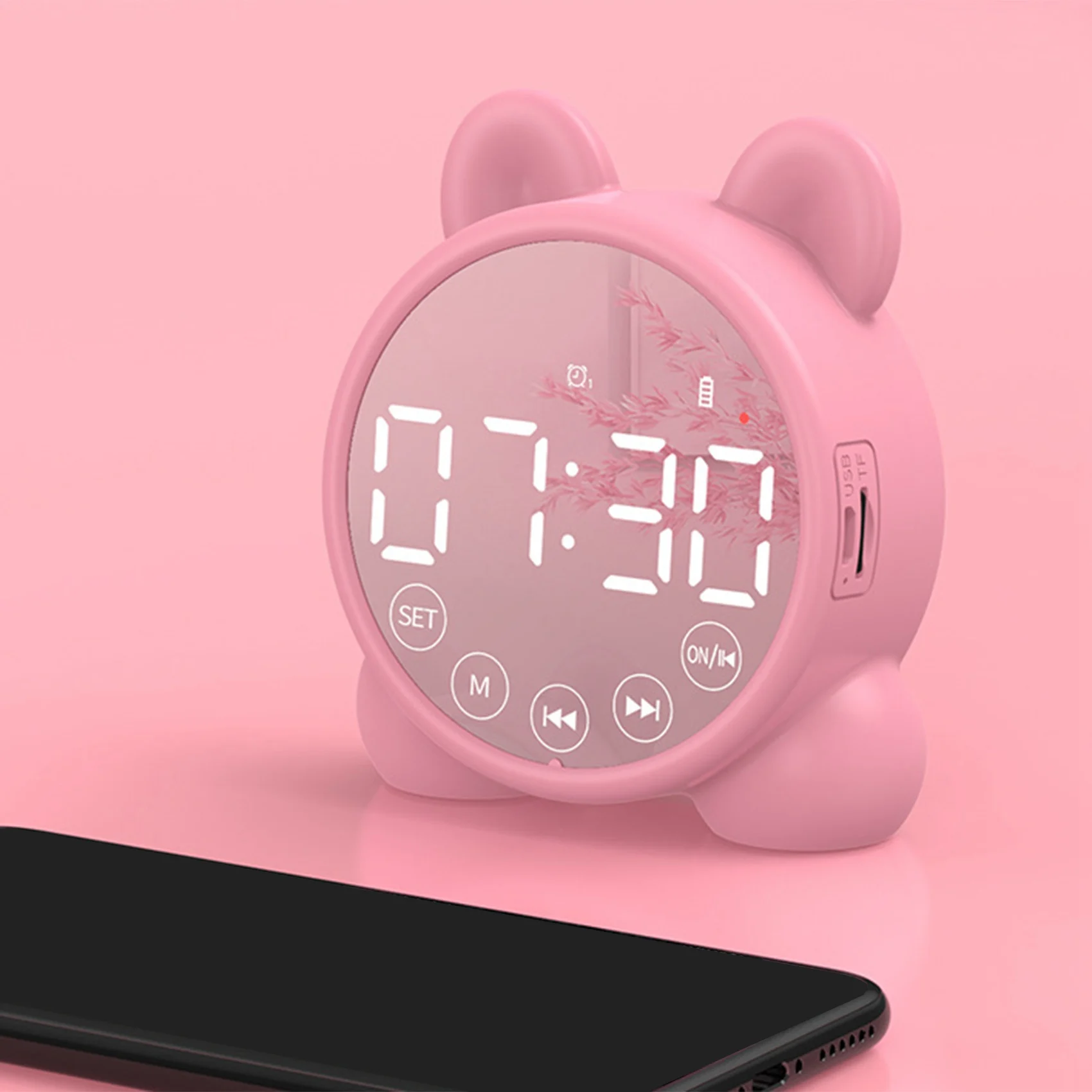 Детский будильник с Bluetooth-динамиком, прикроватный будильник, зеркало, Цифровой таймер пробуждения, детский тренажер для сна, розовый 3