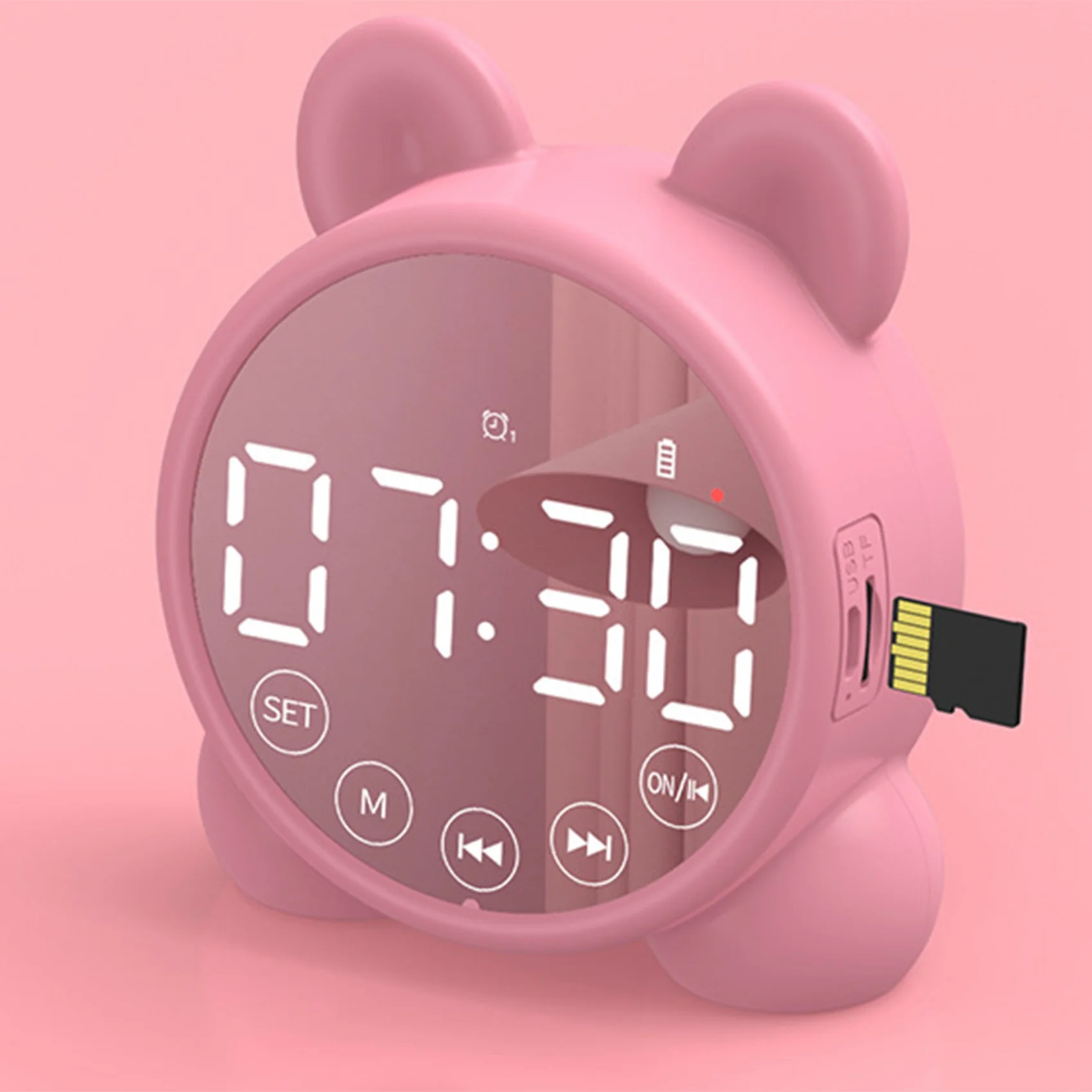 Детский будильник с Bluetooth-динамиком, прикроватный будильник, зеркало, Цифровой таймер пробуждения, детский тренажер для сна, розовый 4