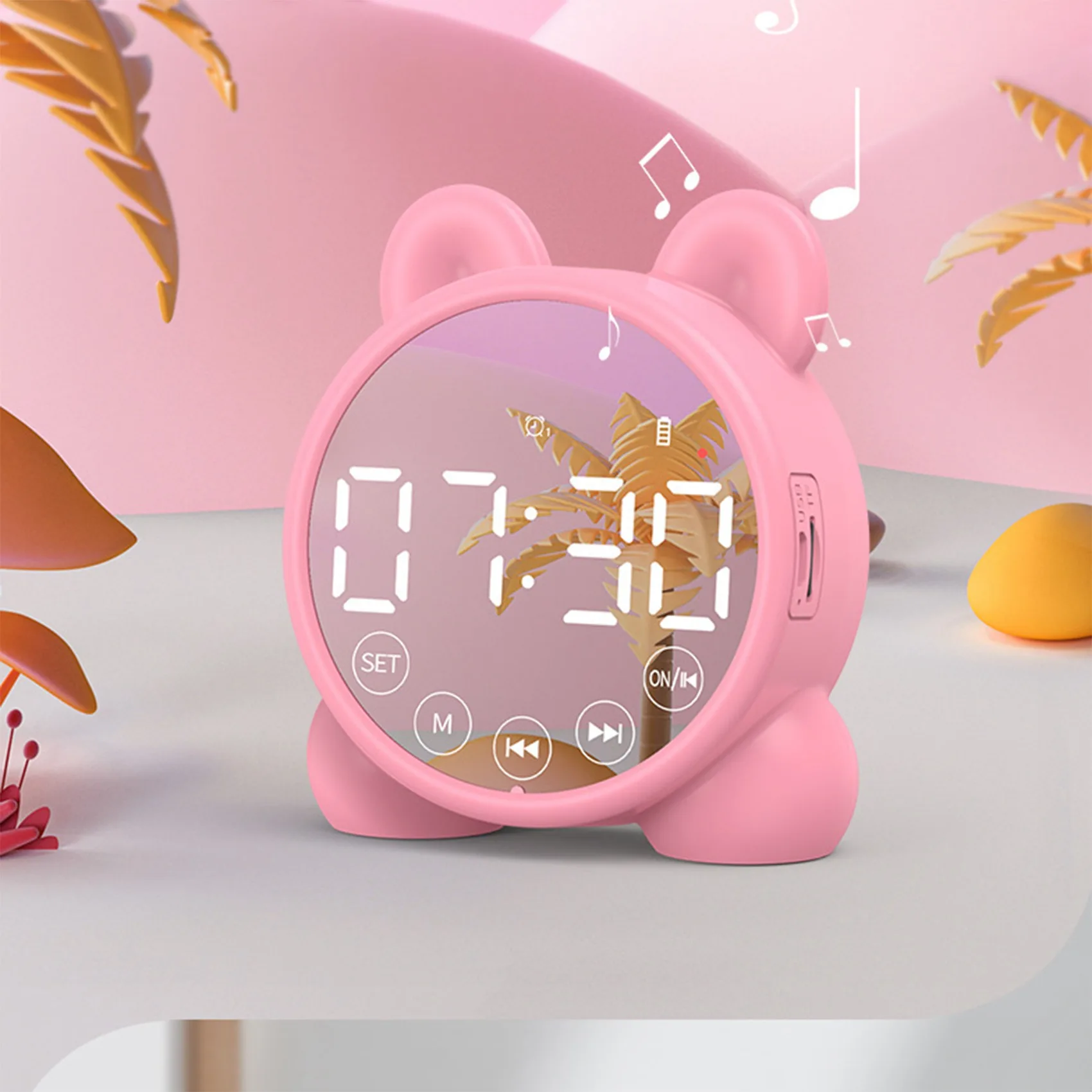 Детский будильник с Bluetooth-динамиком, прикроватный будильник, зеркало, Цифровой таймер пробуждения, детский тренажер для сна, розовый 5