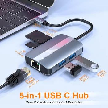 Концентратор USB C 5 В 1, док-станция Type-C, многопортовый адаптер, устройство чтения карт SD TF, RJ45 Ethernet USB 3.0, USB 2.0 для MacBook MateBook