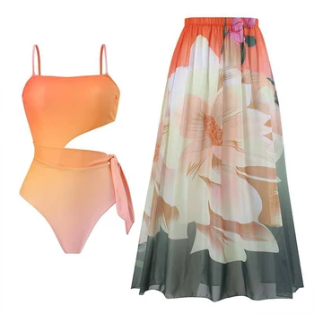 Цельный купальник для женщин, пляжная одежда от Pareo Beach, новинка 2023 года, облегающее ретро-платье, шифоновые купальники-бикини из полиэстера с принтом