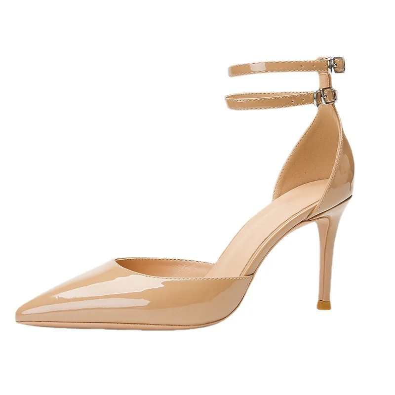 Летняя обувь Свадебные женские туфли-лодочки из искусственной кожи на высоком тонком каблуке 8 см с острым носком, Женская обувь из цельного материала, Дизайнерская обувь для вечеринок, Цвет Naked 0