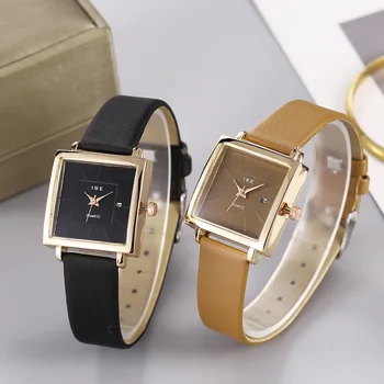 Модные женские часы для женщин, кварцевые наручные часы со стразами Starry Square, женские повседневные черные кожаные часы