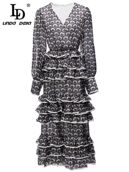 Модное дизайнерское весеннее платье LD LINDA DELLA, женское платье с V-образным вырезом, рукавом-фонариком, каскадным принтом с рюшами, винтажные вечерние платья Миди для вечеринок