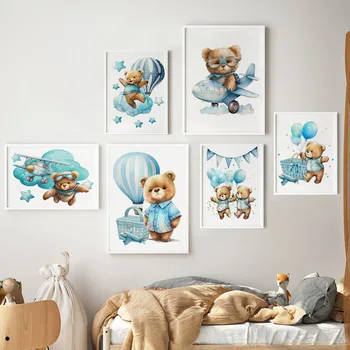 Милый Медведь, самолет, воздушный шар, Облако, Звезда, Плакат с животными, Набор для детской, Настенные художественные принты, картины на холсте, Декор детской комнаты