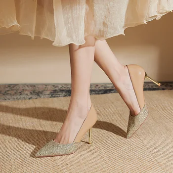 2023 Новые весенние женские туфли-лодочки без застежки с острым носком, женские туфли на высоком каблуке в стиле пэчворк, лакированная кожа, кристалл, горный хрусталь