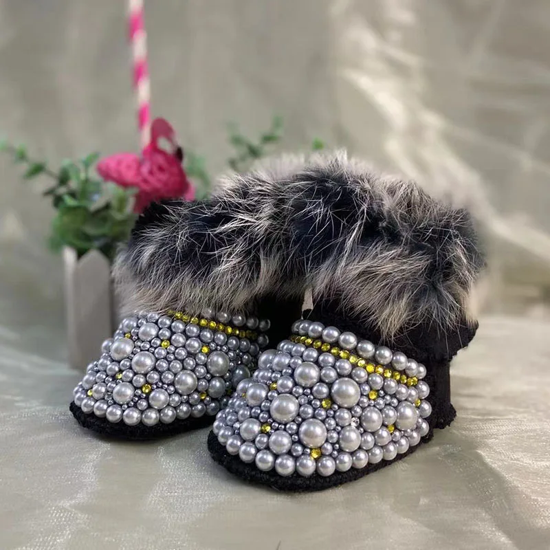 Детские зимние ботинки Dollbling с кристаллами и бриллиантами, теплые пушистые противоскользящие блестящие стразы, жемчуг, подарочная обувь ручной работы на память 1