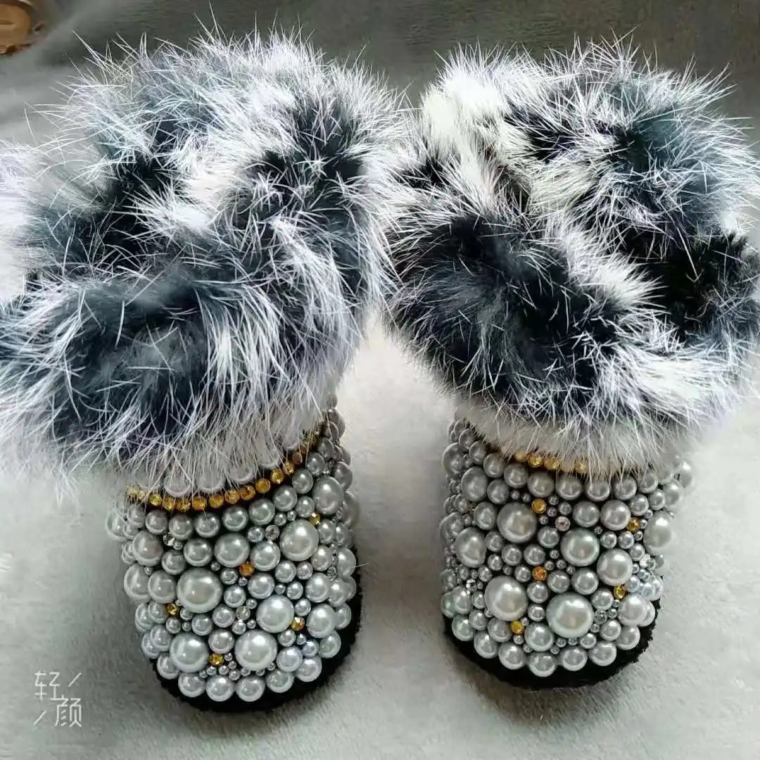 Детские зимние ботинки Dollbling с кристаллами и бриллиантами, теплые пушистые противоскользящие блестящие стразы, жемчуг, подарочная обувь ручной работы на память 2