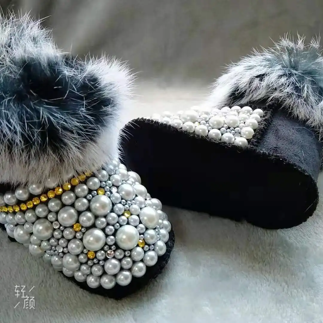 Детские зимние ботинки Dollbling с кристаллами и бриллиантами, теплые пушистые противоскользящие блестящие стразы, жемчуг, подарочная обувь ручной работы на память 3