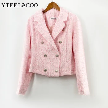 Женский повседневный твидовый пиджак, розовое контрастное пальто для похудения, новый весенне-осенний универсальный женский топ с небольшим ароматом