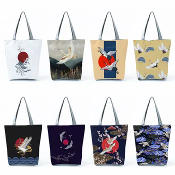 Новые сумки-тоут с красной короной журавля для женщин, сумки с принтом Укие в японском стиле, портативная хозяйственная сумка, сумки через плечо большой емкости