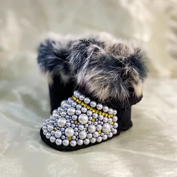Детские зимние ботинки Dollbling с кристаллами и бриллиантами, теплые пушистые противоскользящие блестящие стразы, жемчуг, подарочная обувь ручной работы на память